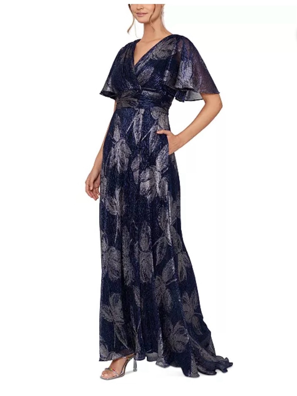 Betsy & Adam Navy and Silver Floral V-Neck Maxi Dress